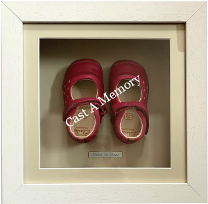 REd Baby shoes in wooden box frame