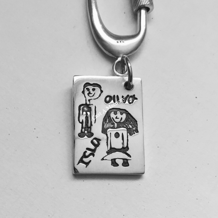 childrens drawing engraved onto silver charm keyring