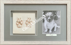 Framed clay dog paw print with black and white photograph