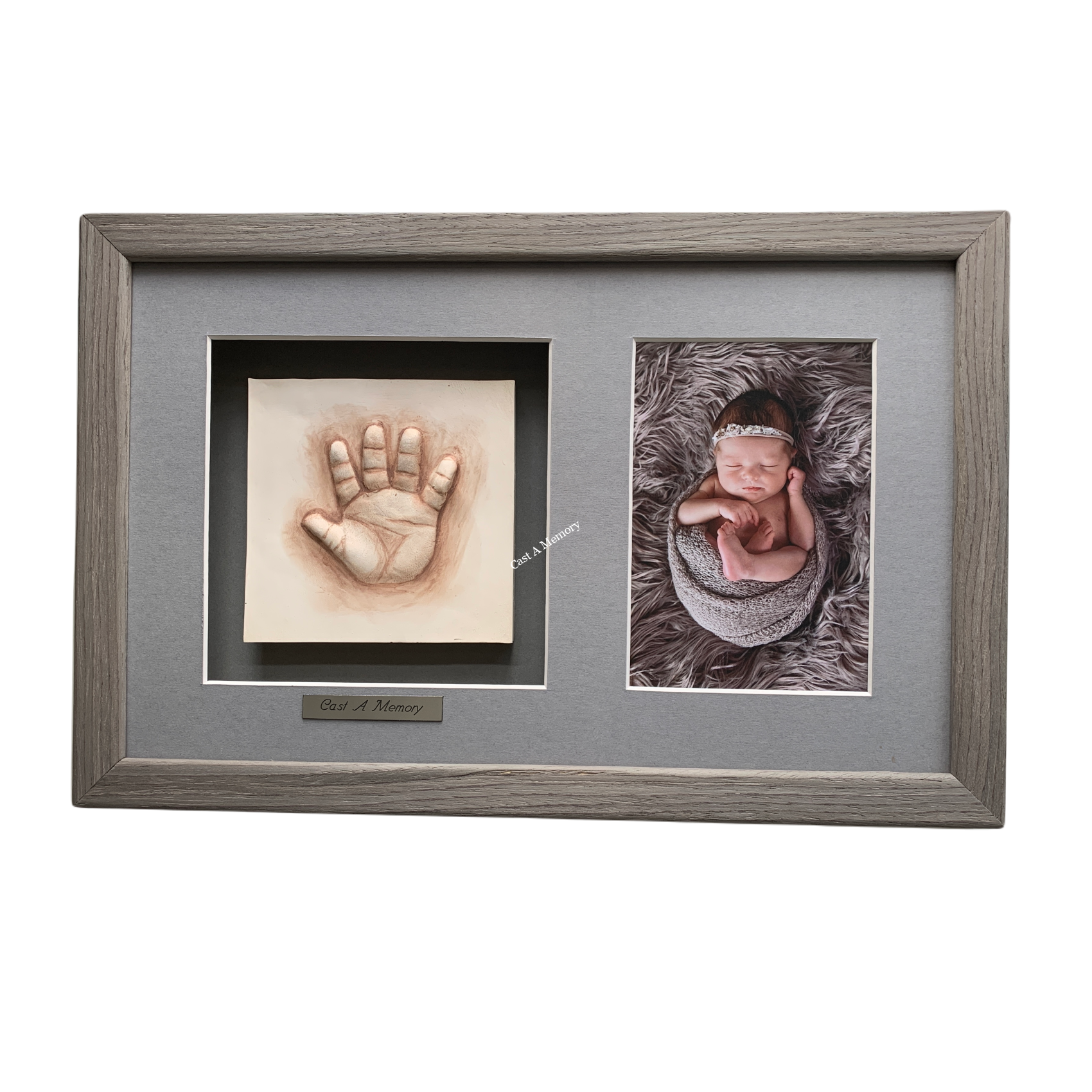 baby clay hand impression with photograph in wooden frame