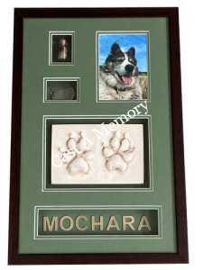 two sets of dog paw print impressions in clay framed with photos hair and tag