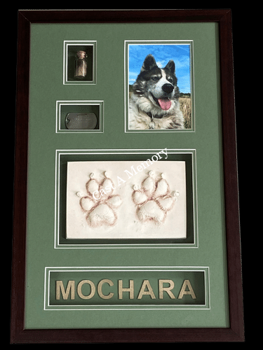 two sets of dog paw print impressions in clay framed with photos hair and tag