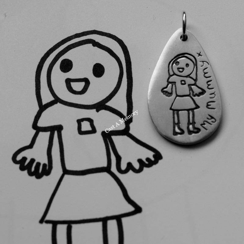 Childs drawing on a silver charm - personlaised jewllery