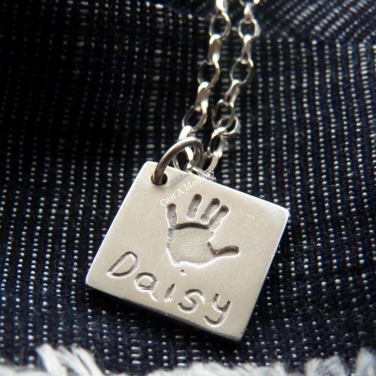 Large square Charm with name and hand print on Belcher Chain