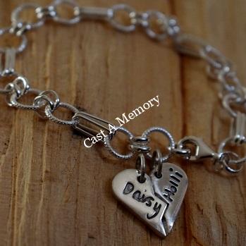 Silver chain with Split half charms with childs name own hand writing inscribed