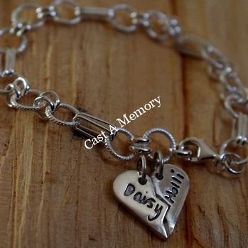 Silver chain with Split half charms with childs name own hand writing inscribed
